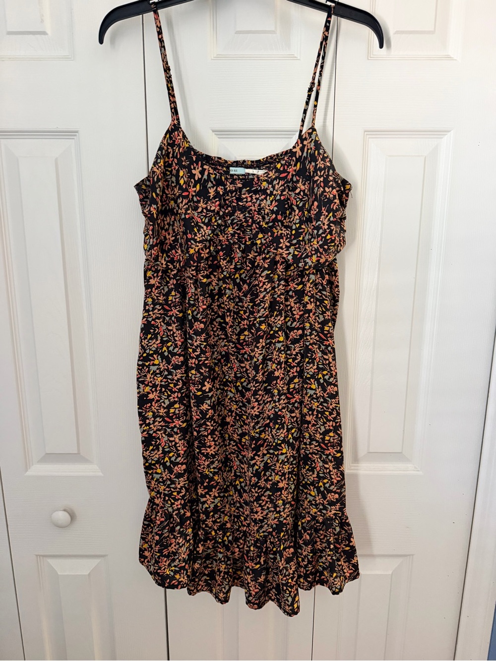 Floral Spaghetti-Strap Sundress in Black with Peach & Yellow Accents
